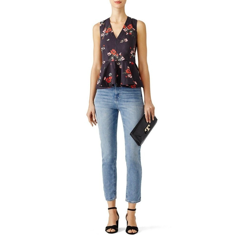 Rebecca Taylor Marguerite Floral Peplum Top V-Neck Sleeveless Cotton Black 6 Red